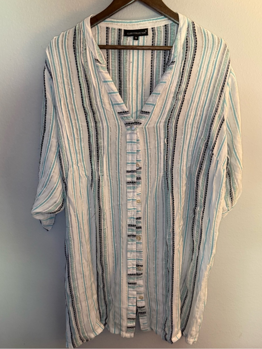 CLUB COUTURE Striped Button-Front Tunic in Light Blue & White